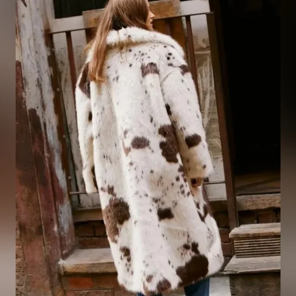 Women Faux Fur Cow Pattern Coat Warm New Autumn Winter
